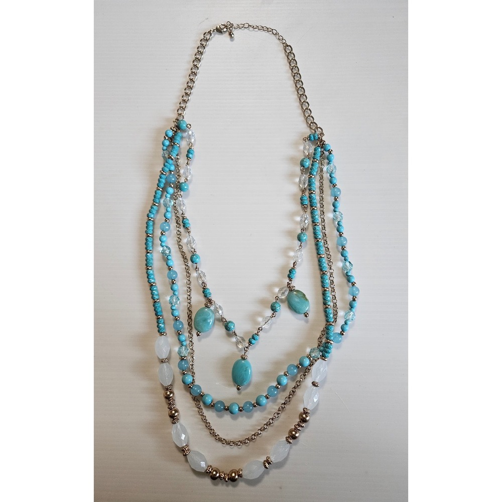 Boho Multi Strand Layered Turquoise color Bead Goldโ Tone Necklace Adjustable